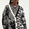 Farm Rio Black & White Mixed Striped Tigers Buttoned Knit Cardigan