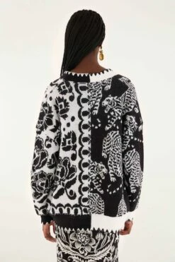 Farm Rio Black & White Mixed Striped Tigers Buttoned Knit Cardigan -Farm Rio farm rio black white mixed striped tigers buttoned knit cardigan 340227 3