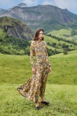 Farm Rio Blue Winter Tapestry Long Sleeve Maxi Dress