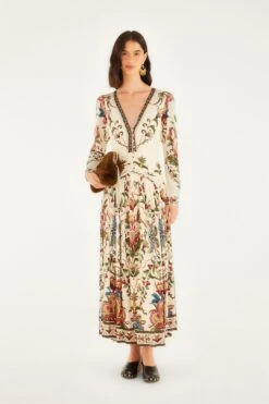 Farm Rio Cream Majestic Hearts Long Sleeve Midi Dress