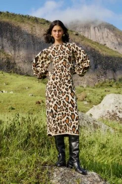 Farm Rio Leopard Print Knit Midi Dress