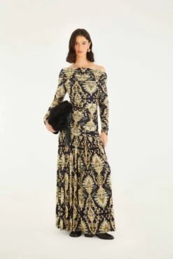 Farm Rio Navy Blue Wonderful Arabesque Off-Shoulder Maxi Dress