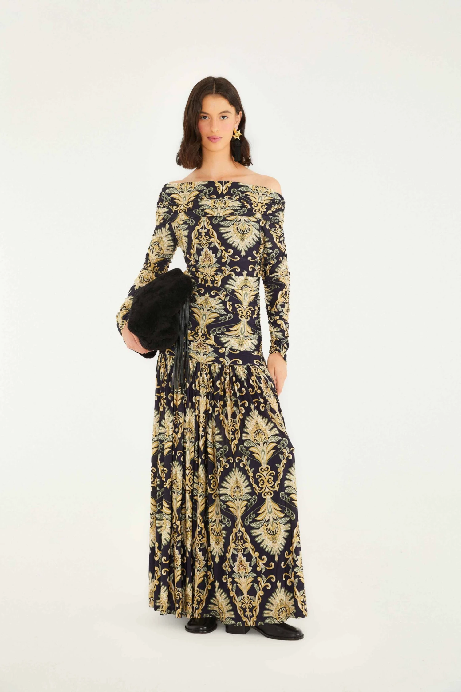 Farm Rio Navy Blue Wonderful Arabesque Off-Shoulder Maxi Dress 1 Farm Rio Navy Blue Wonderful Arabesque Off-Shoulder Maxi Dress