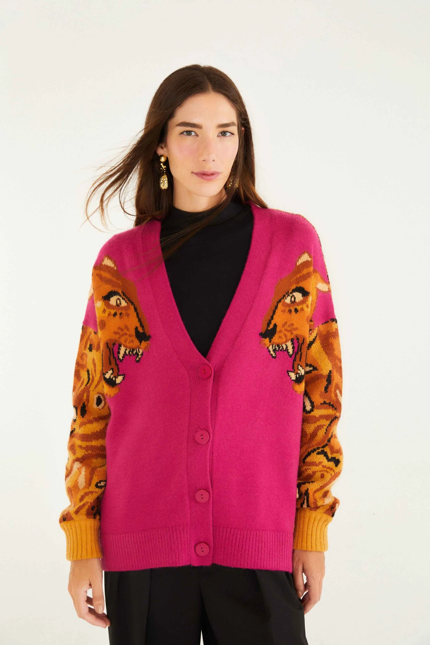 Farm Rio Pink Bold Tiger Buttoned Knit Cardigan 1 Farm Rio Pink Bold Tiger Buttoned Knit Cardigan