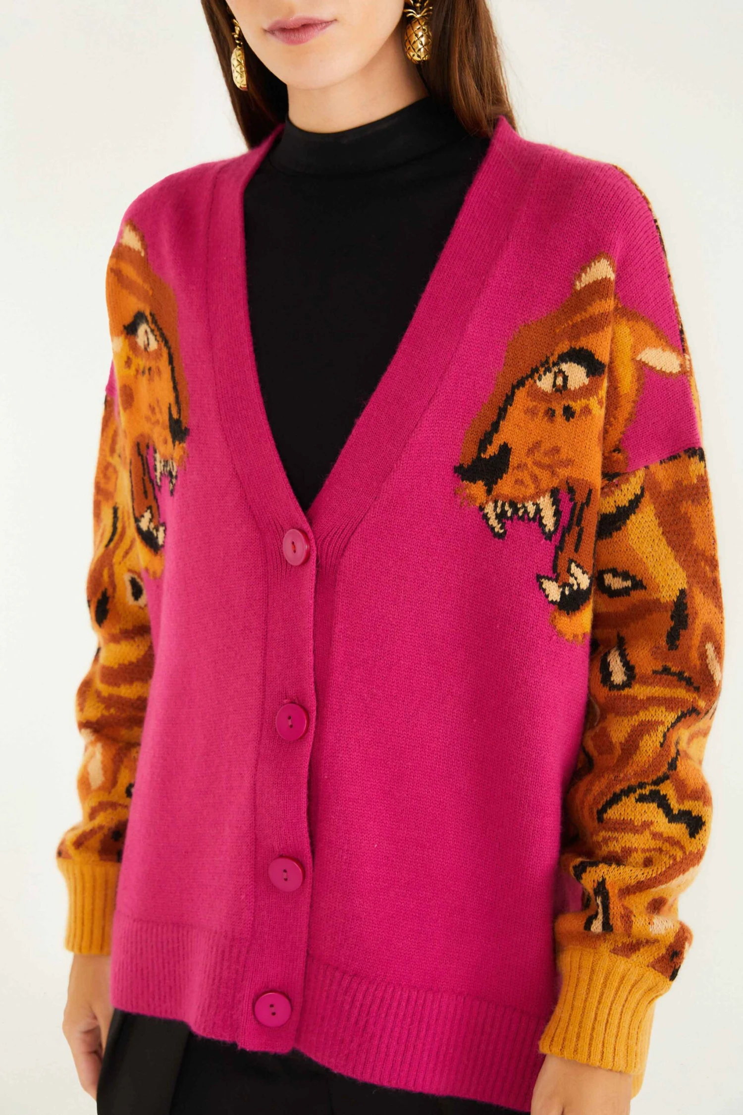 Farm Rio Pink Bold Tiger Buttoned Knit Cardigan 2 Farm Rio Pink Bold Tiger Buttoned Knit Cardigan - Image 2