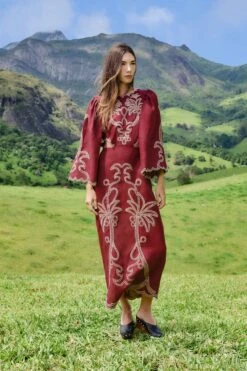 Farm Rio Red Artisanal Cut-Out Embroidered Euroflax™ Premium Linen Maxi Dress