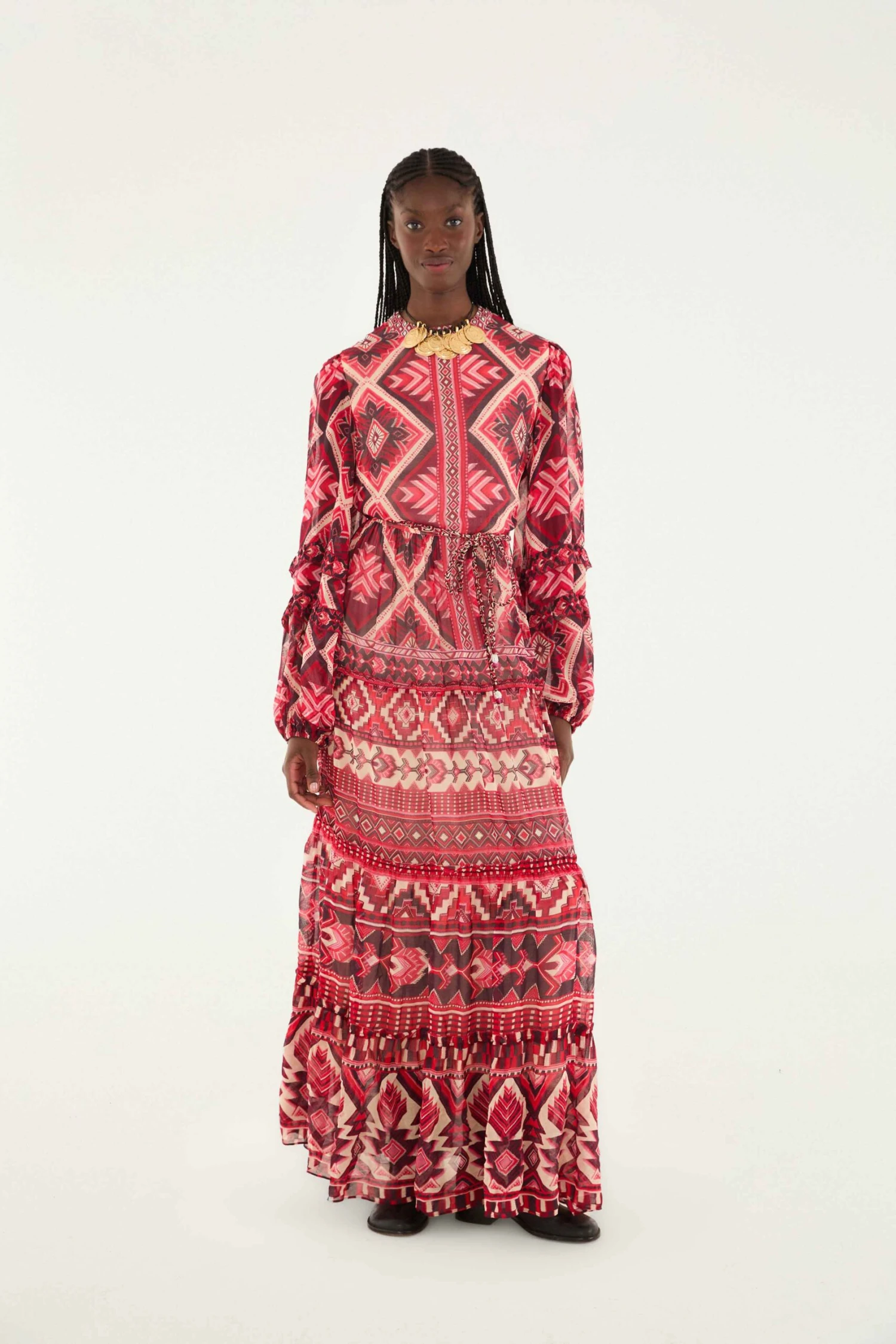 Farm Rio Red Graphic Ainika Belted Tiered Maxi Dress 1 Farm Rio Red Graphic Ainika Belted Tiered Maxi Dress