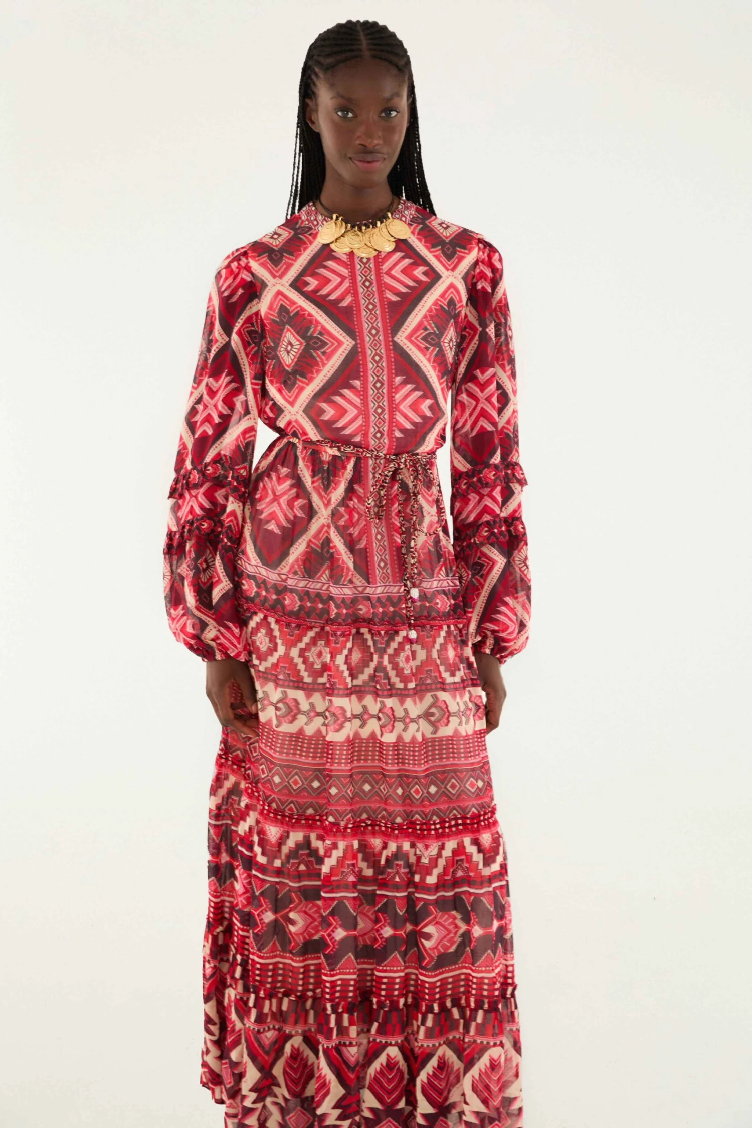 Farm Rio Red Graphic Ainika Belted Tiered Maxi Dress 2 Farm Rio Red Graphic Ainika Belted Tiered Maxi Dress - Image 2