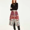 Farm Rio Red Winter Breeze Buttoned Belted Organic Cotton Midi Skirt