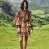 Farm Rio Sand Embroidered Tapestry Long Sleeve Mini Dress