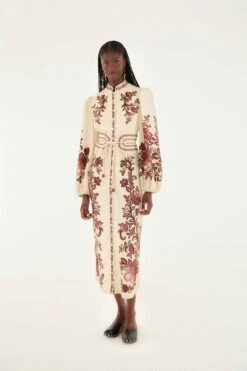 Farm Rio Sand Renata Floral Long Sleeve Midi Dress